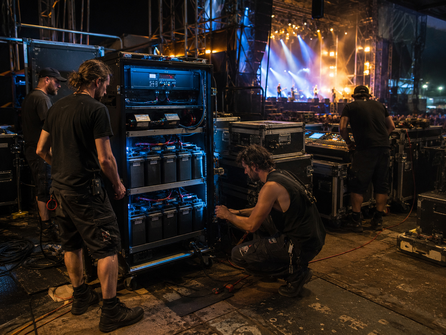 Roadies working backstage on a battery inverter rack