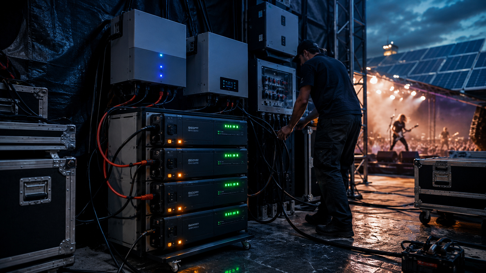 Backstage solar battery system powering concert equipment