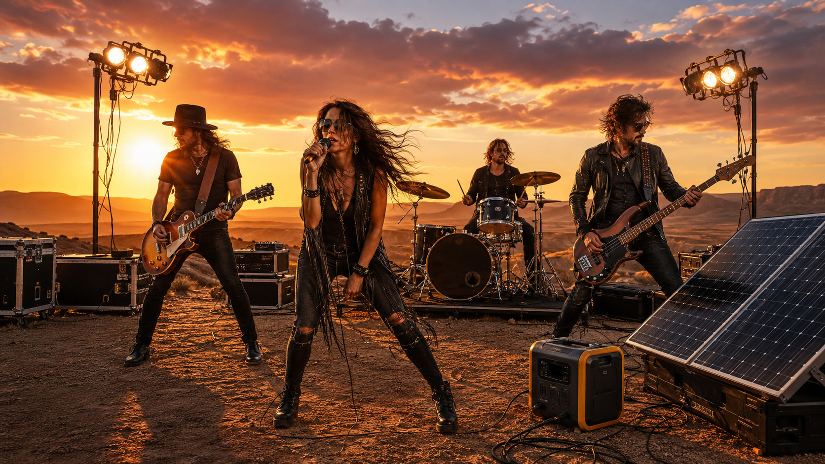 Band playing off grid at sunset with solar power