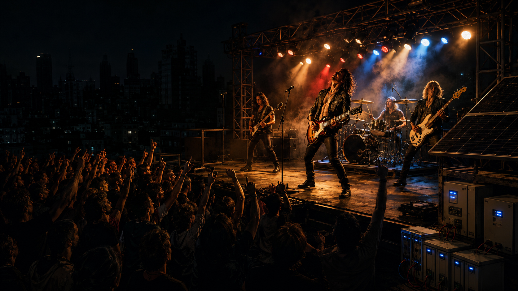 Rock band keeps playing during a blackout using solar battery power