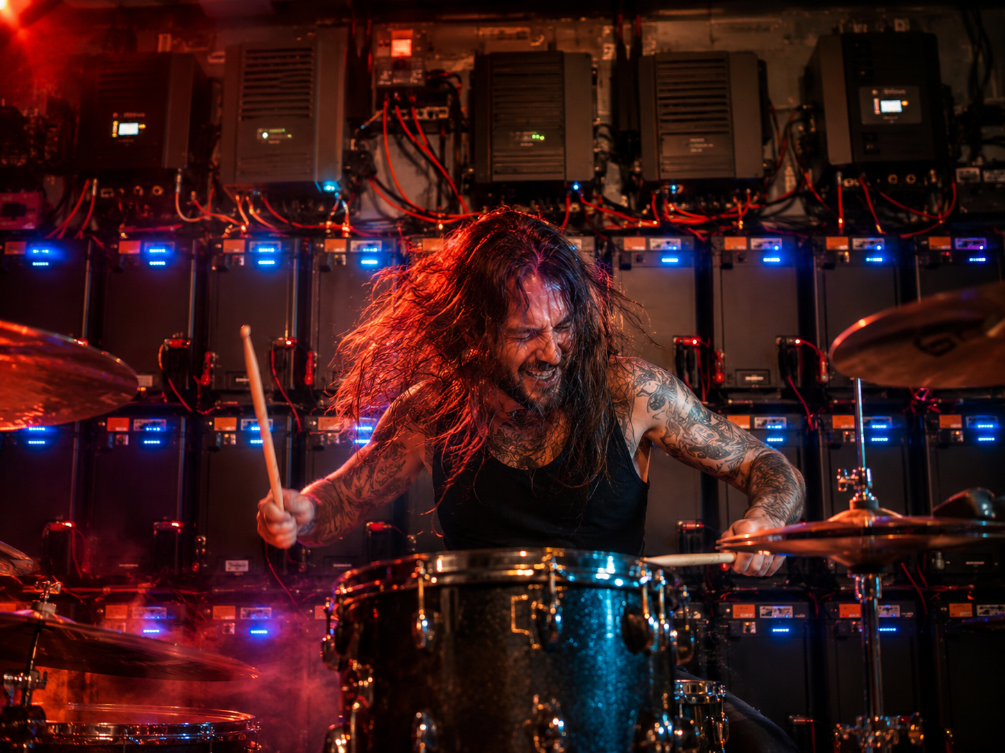 Rock drummer performing in front of a battery backup wall