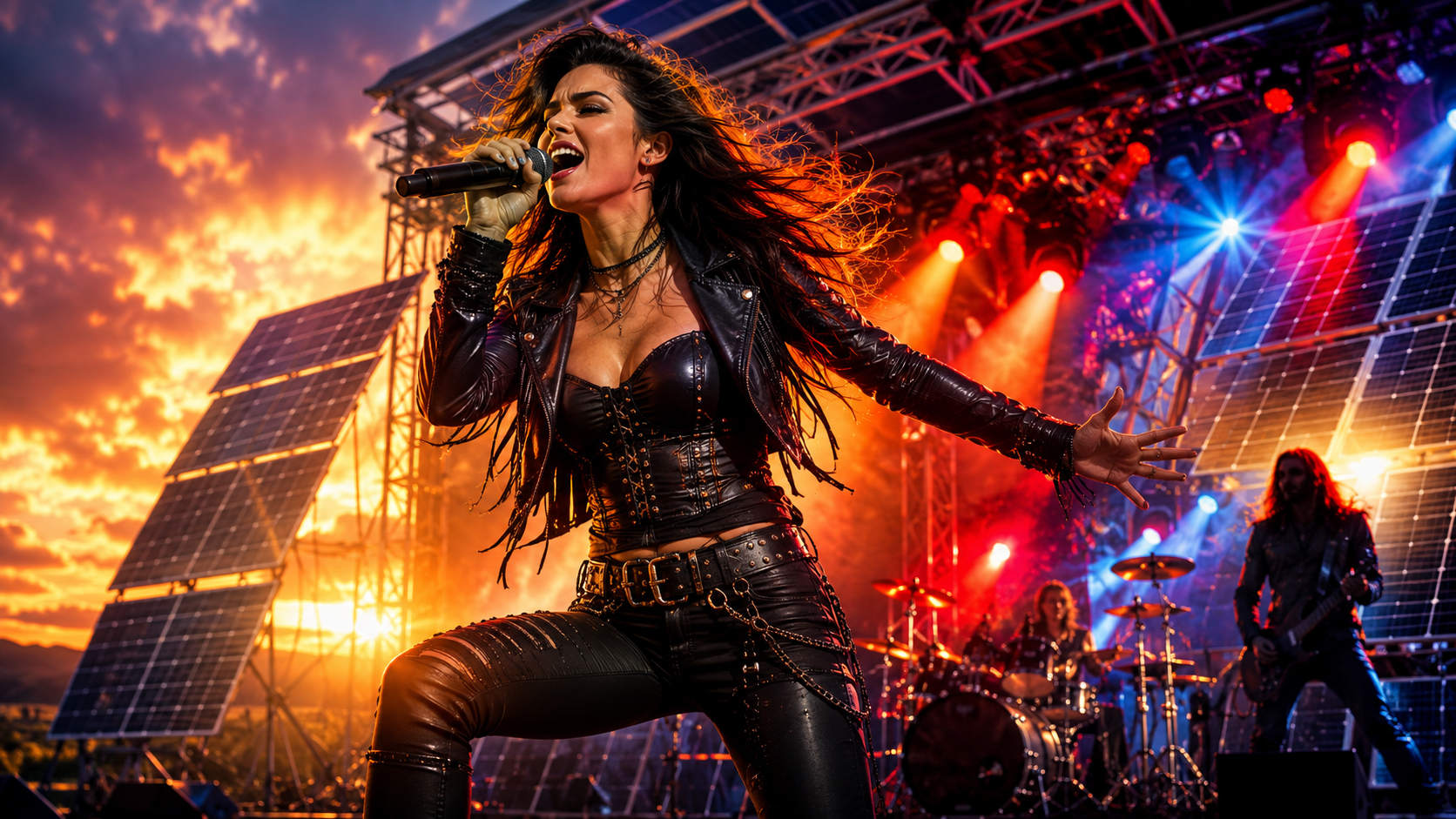 Female lead singer performing under solar stage lights