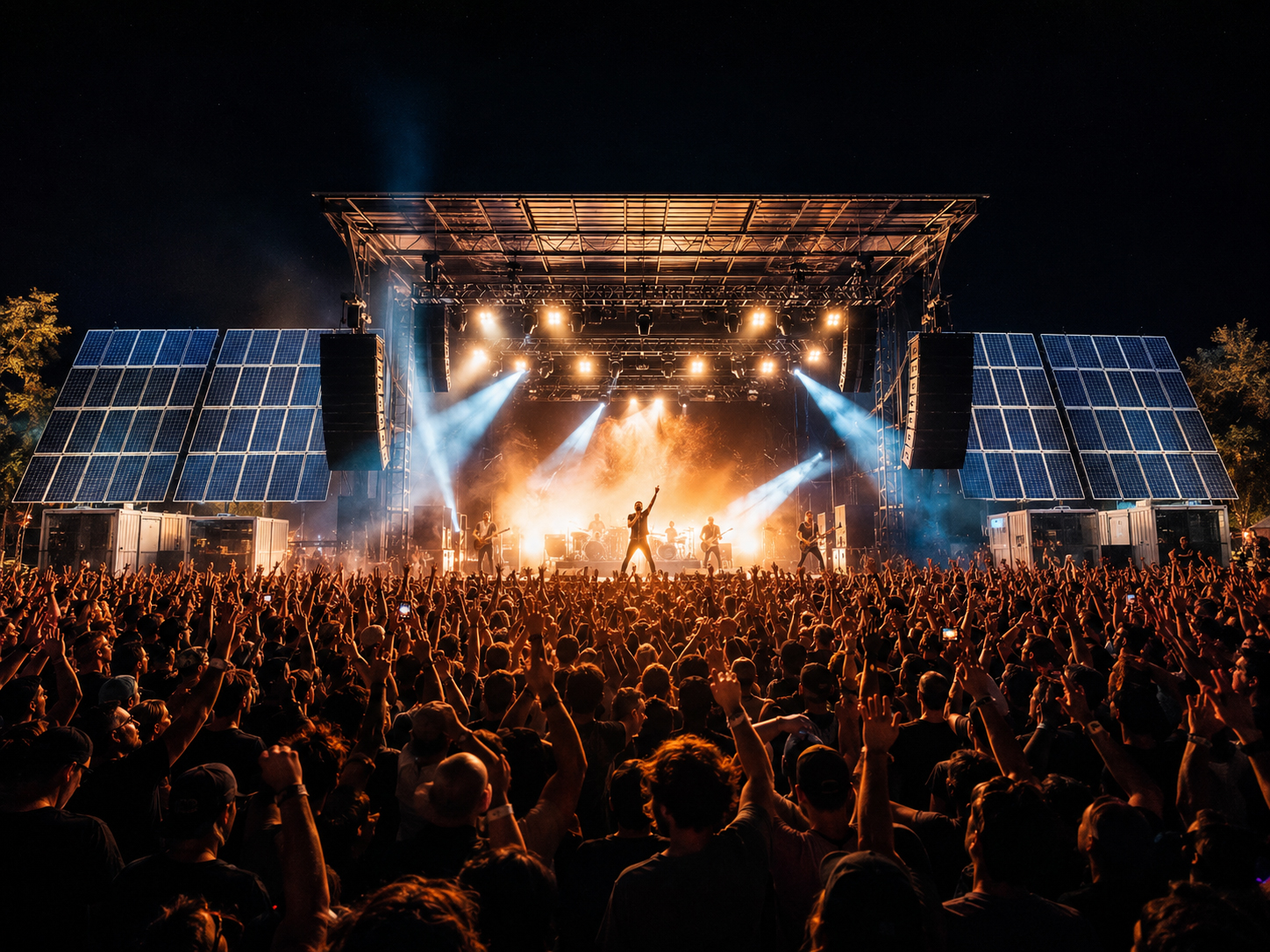 Festival crowd at night with solar stage power