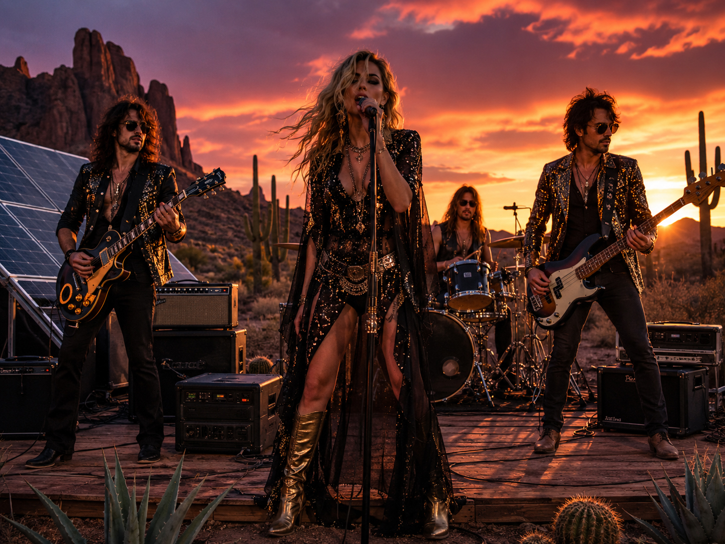Glam rock band on an off grid desert stage