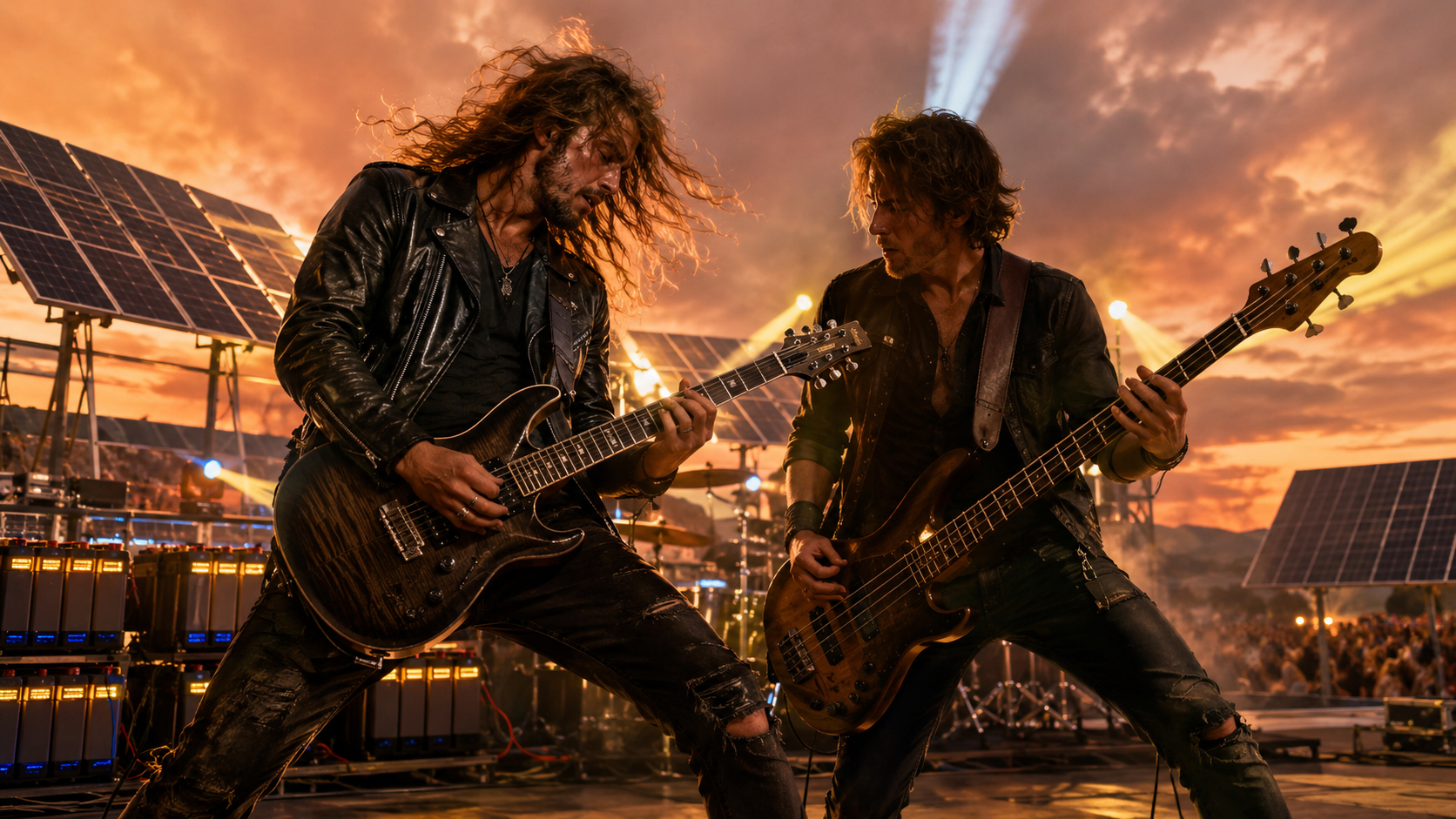 Guitarist and bassist performing at a solar powered show