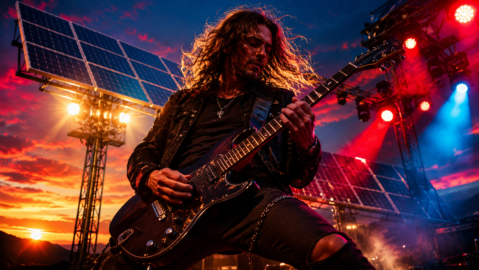 Guitarist under solar powered stage lights