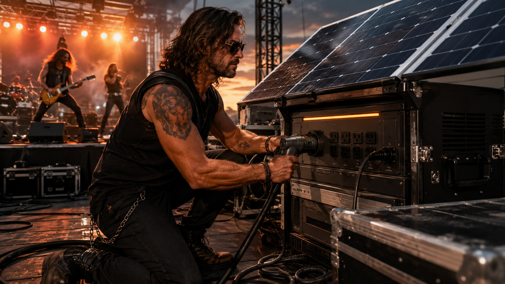 Roadie plugging concert equipment into solar power