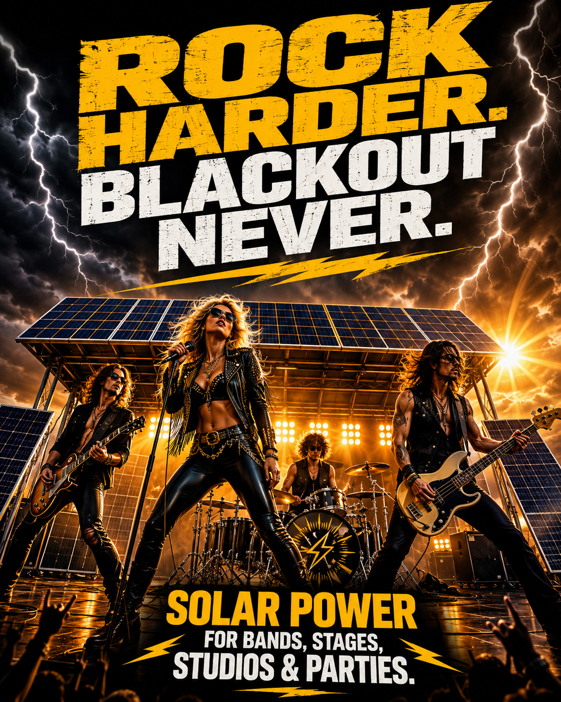 Rock and roll solar poster with hot band and solar power stage