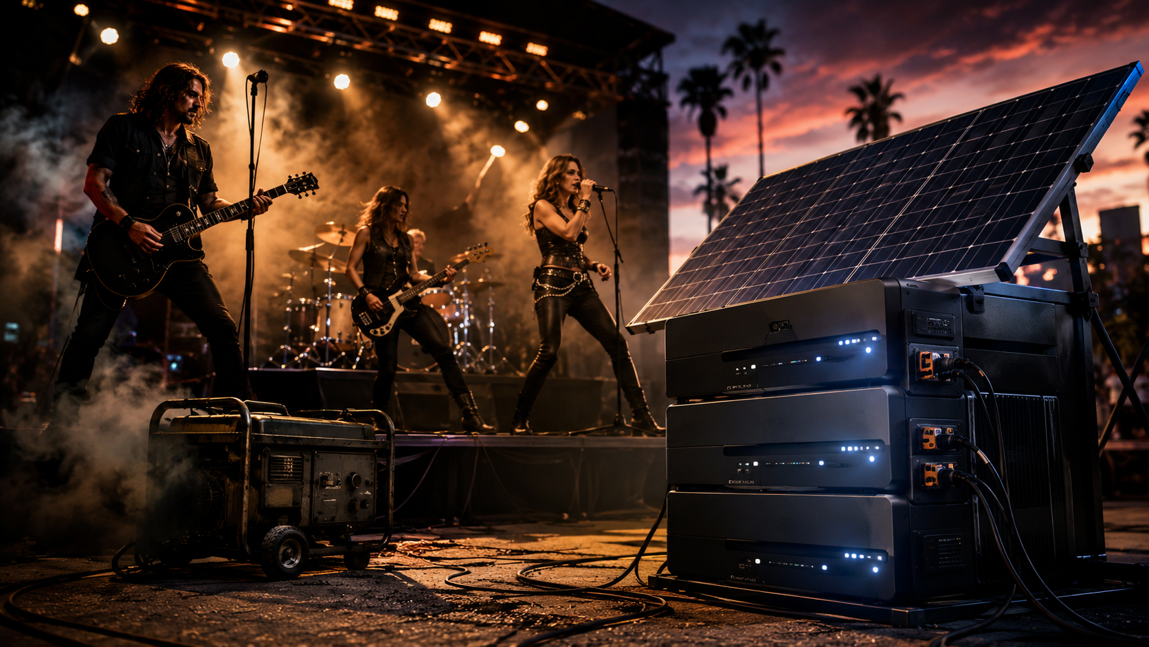 Solar battery system replacing a noisy generator at a concert