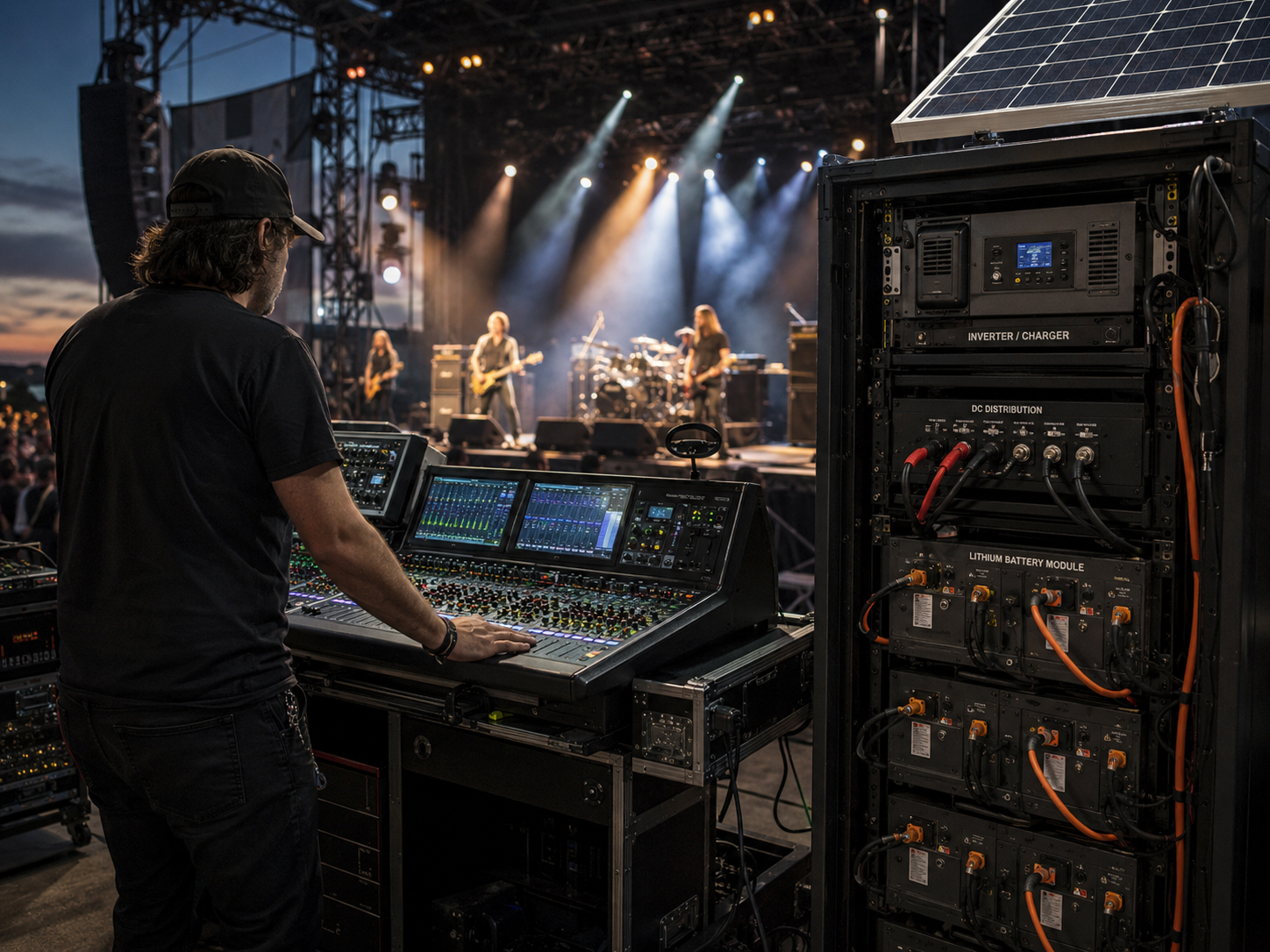 Sound engineer operating stage power rack with battery backup