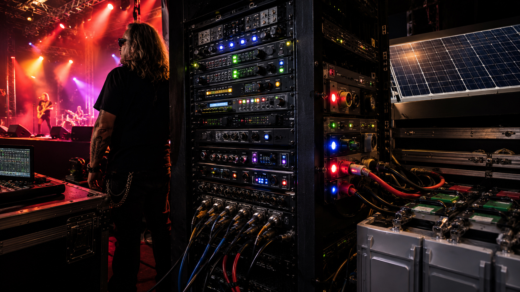 Sound and lighting power rack with battery backup